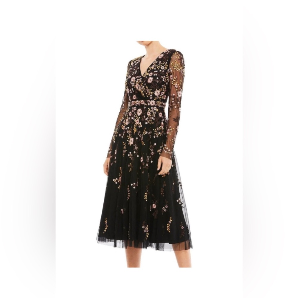 NWT Mac Duggal Black Multi Floral Illusion
Embroidered Midi Dress 35103 size 8